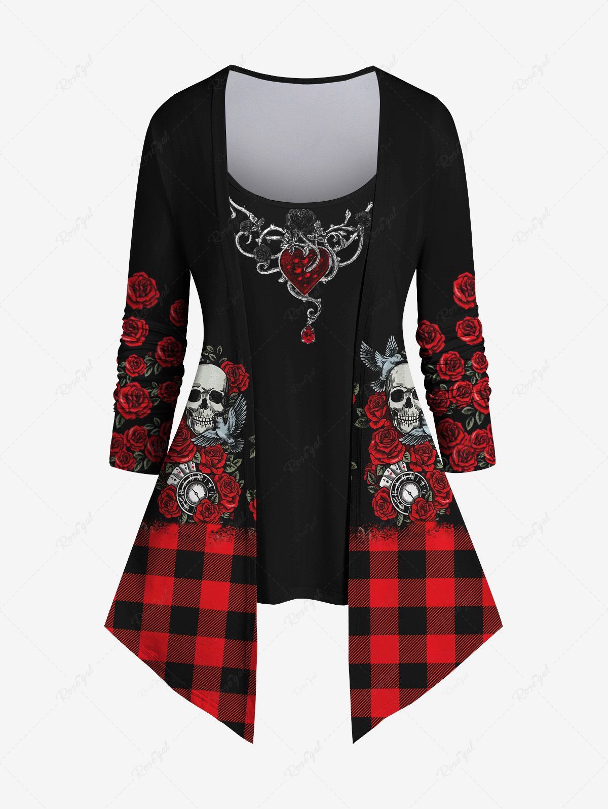 Latest Plus Size 3D Skull Rose Floral Heart Branch Plaid Print Halloween Patchwork 2 in 1 T-shirt  