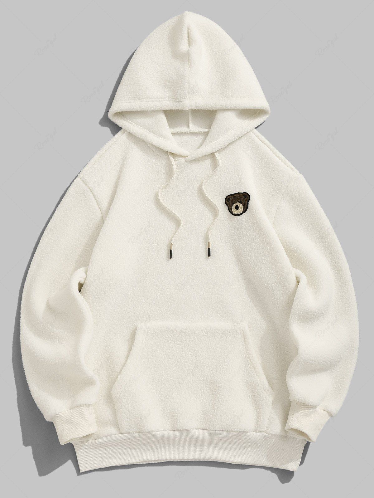 New Men's Bear Applique Patched Design Kangaroo Pocket Warmth Fuzzy Teddy Fleece Pullover Hoodie  