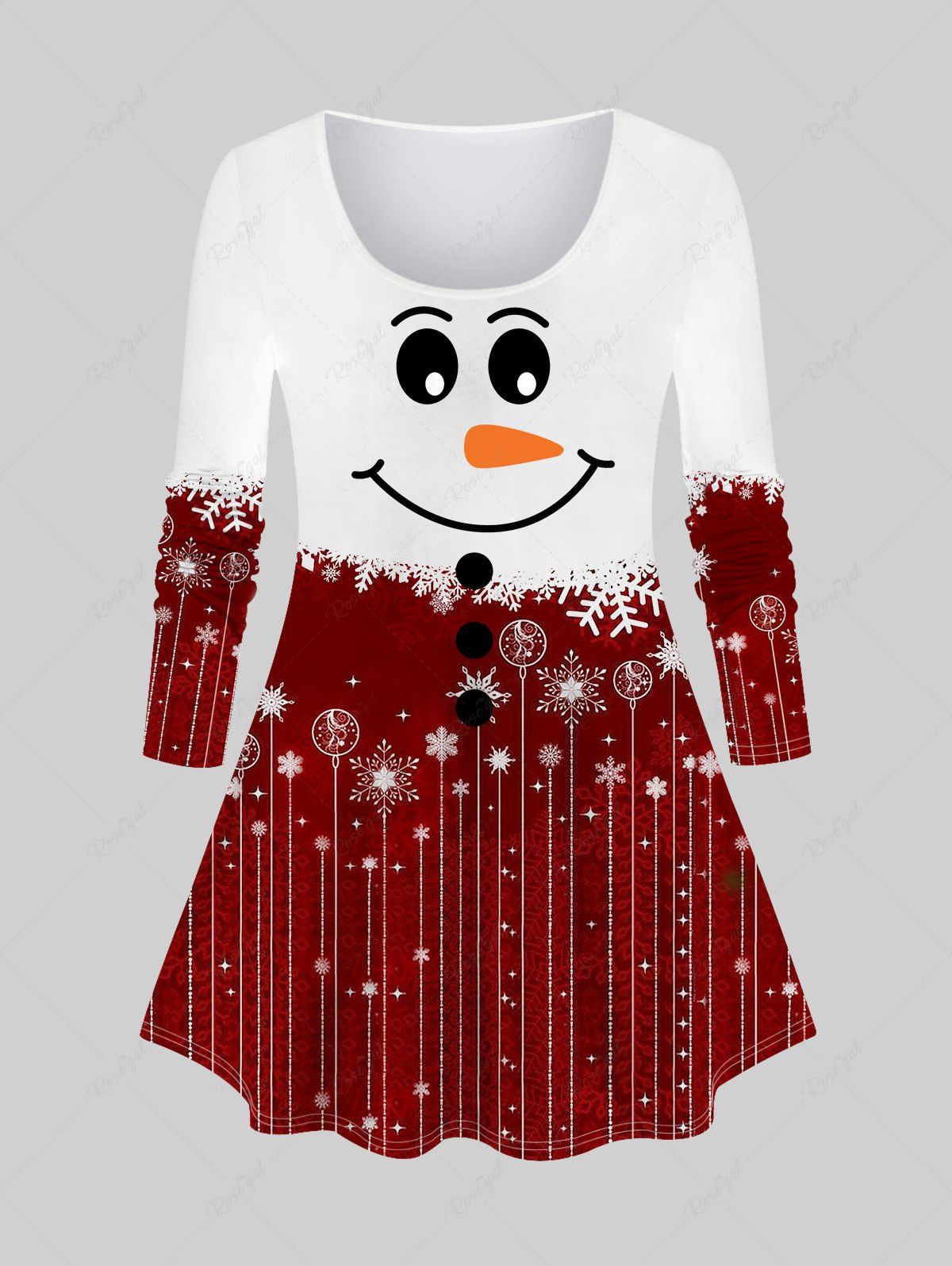Fashion Plus Size 3D Glitter Snowman Snowflake Buttons Print Christmas Long Sleeves T-shirt  