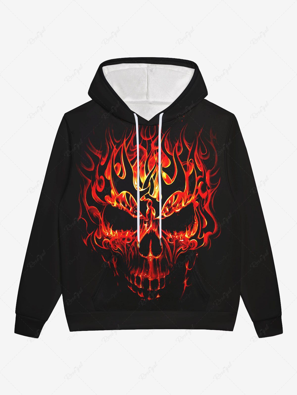 Discount Gothic 3D Fire Flame Skull Print Halloween Pocket Drawstring Hoodie For Men  