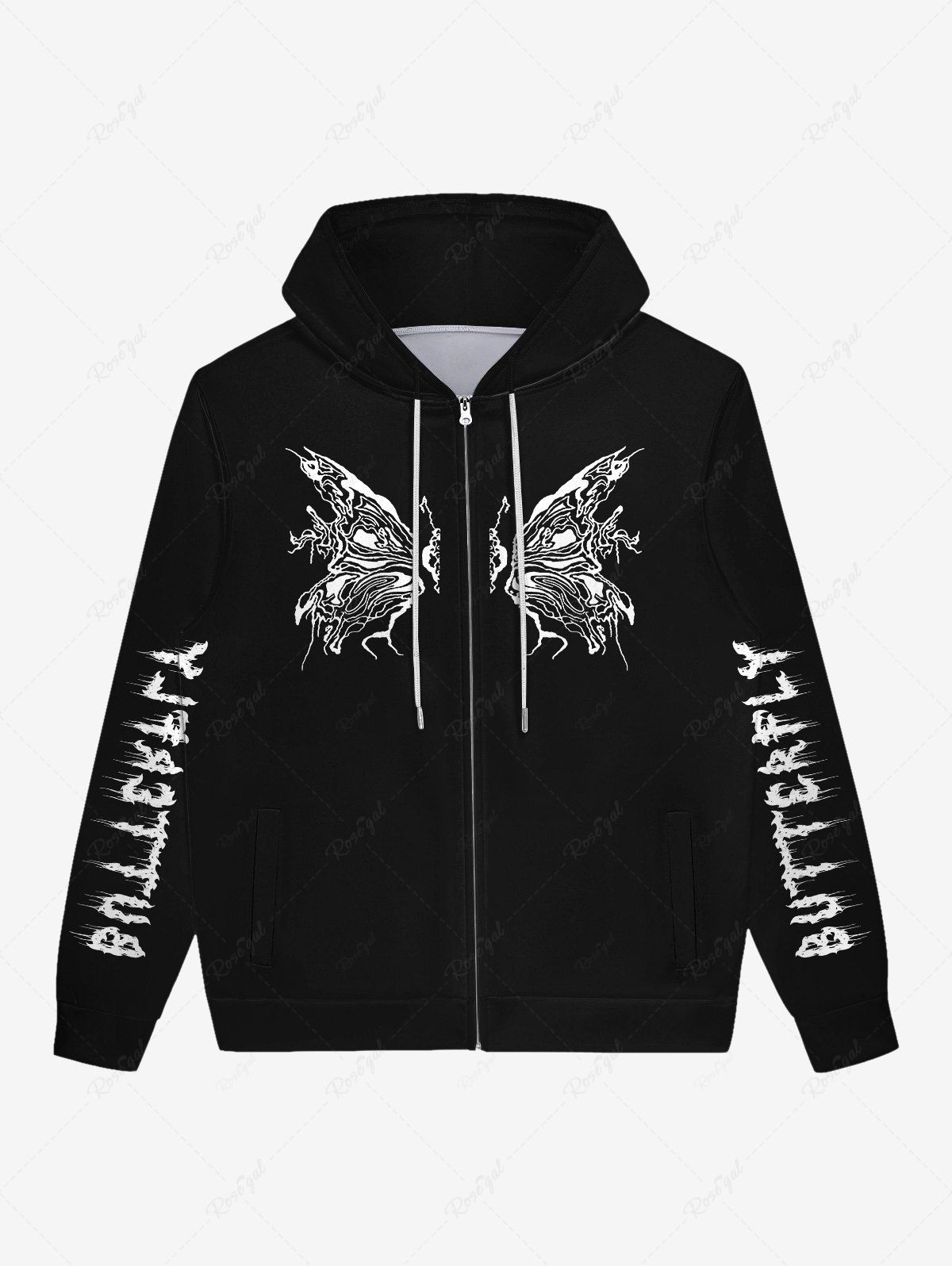 Hot Gothic Butterfly Letters Print Zipper Pockets Drawstring Hoodie For Men  