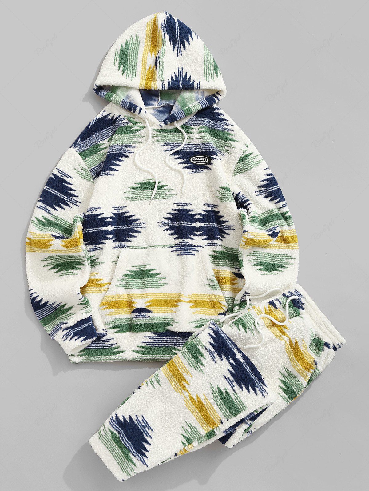 Fashion Fleece Fluffy Vintage Ethnic Colorblock Kangaroo Pocket Hoodie Drawstring Jogger Pants  