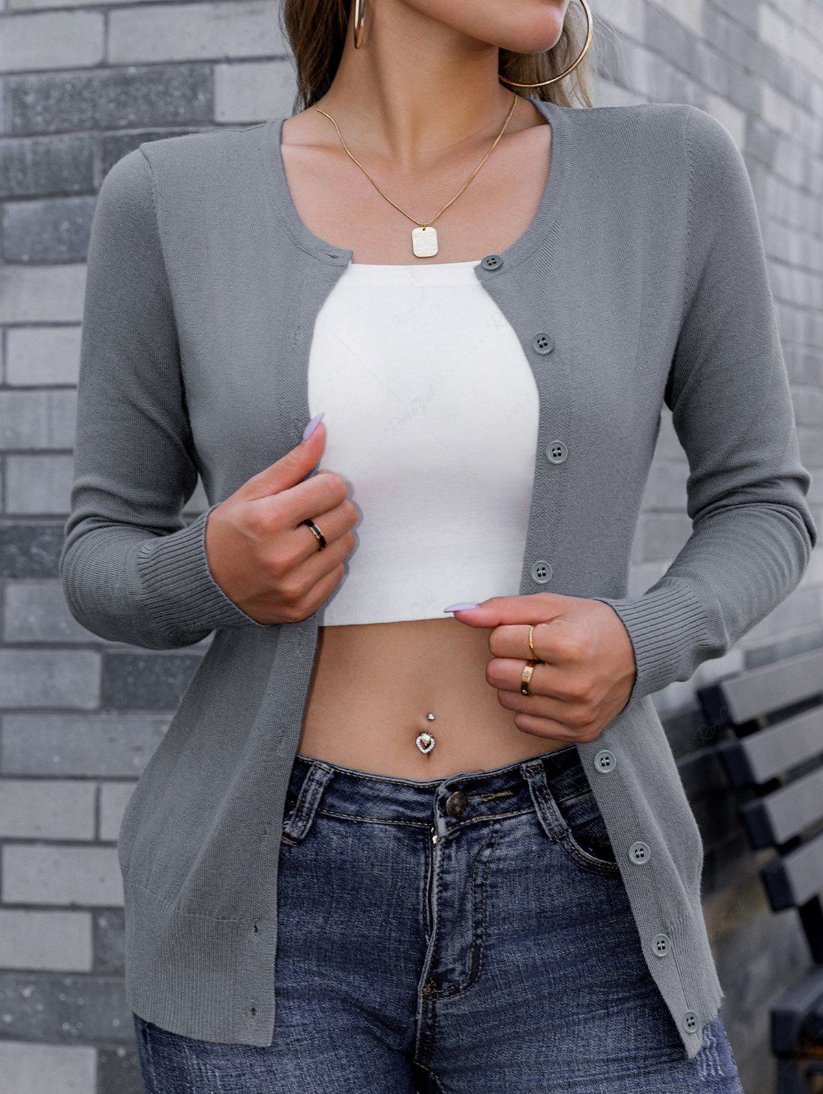 Outfit Button Up Solid Color Round Collar Knit Cardigan  