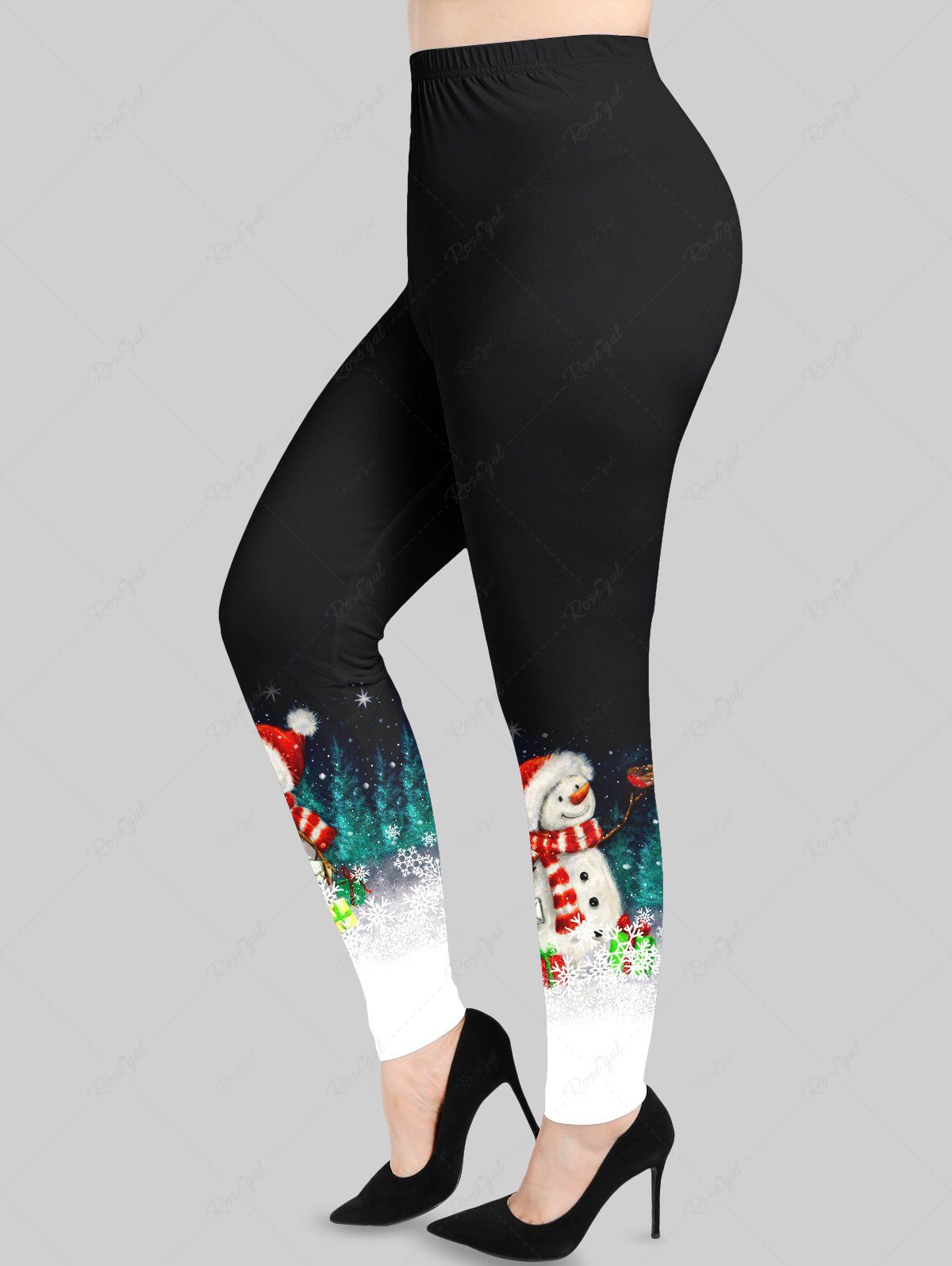 Affordable Plus Size Christmas Gift Snowflake Snowman Glitter Print Leggings  