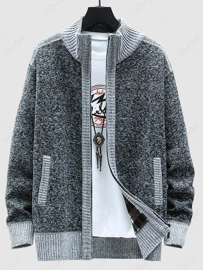 Best Men's Daily Colorblock Patchwork Zip Up Mock Neck Long Sleeve Sweater Cardiagn  