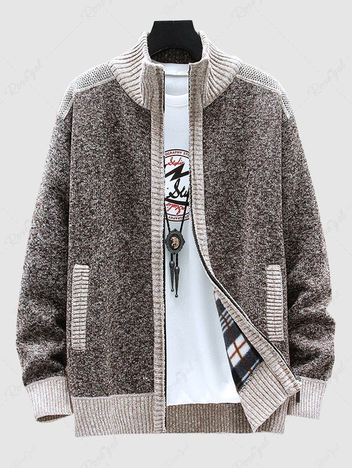 Online Men's Daily Colorblock Patchwork Zip Up Mock Neck Long Sleeve Sweater Cardiagn  