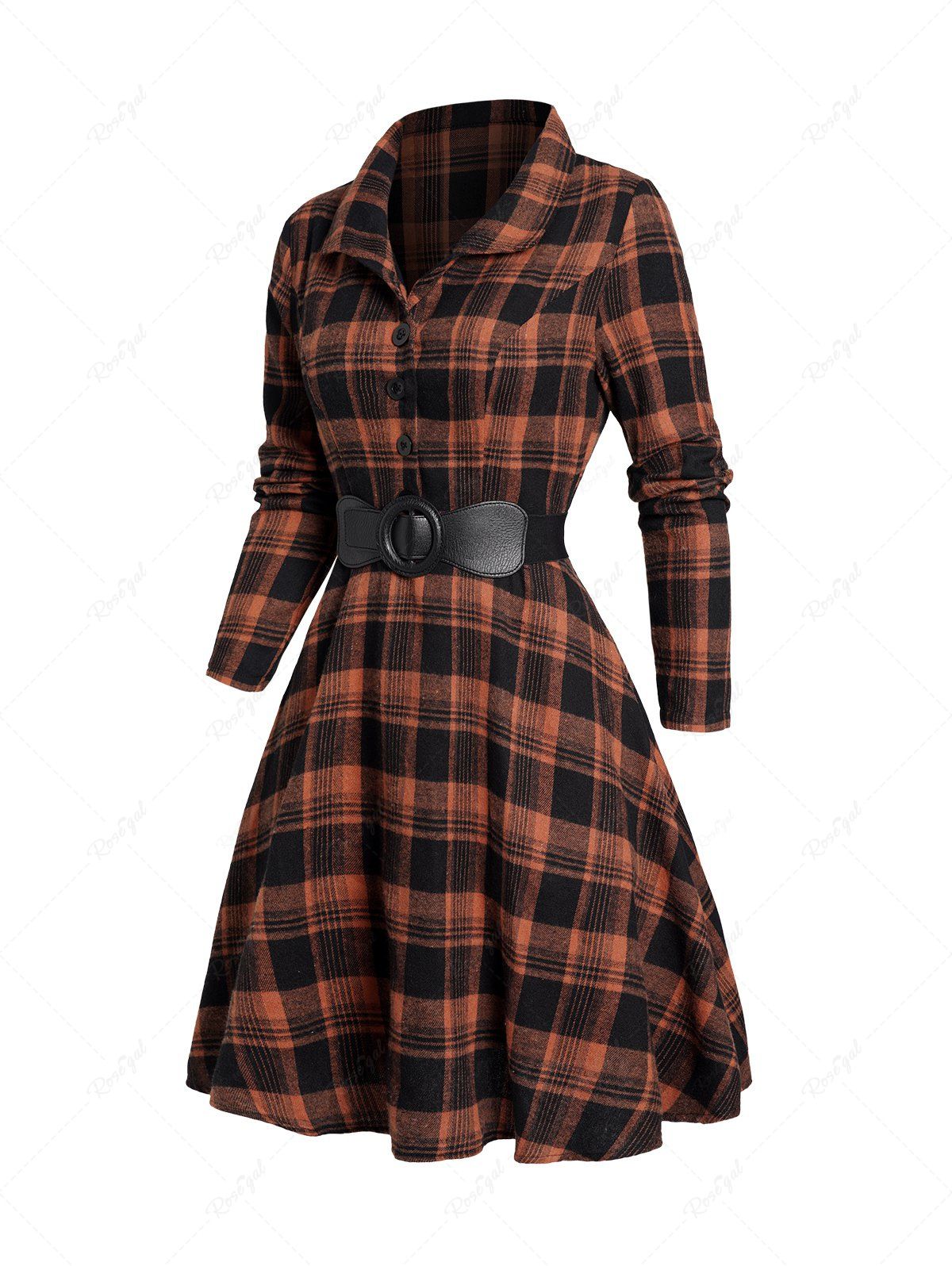Mini-Robe Ceinturée à Carreaux Imprimé à Demi-Bouton à Manches Longues Orange Foncé L