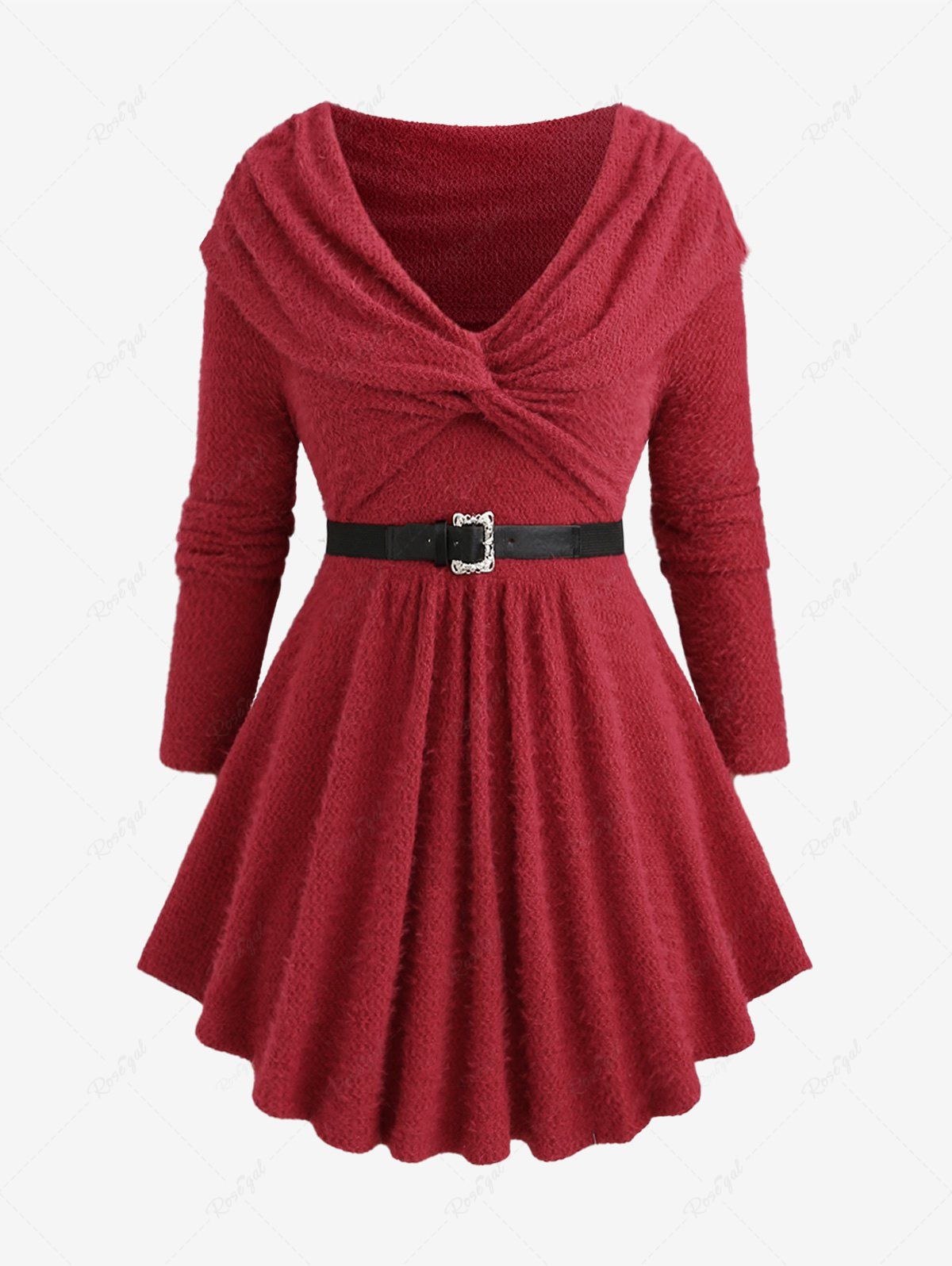 Plus Size Twist Ruched Ruffles Buckle Belt Off The Shoulder Turndown Collar Woolen Sweater Rouge foncé M | US 10