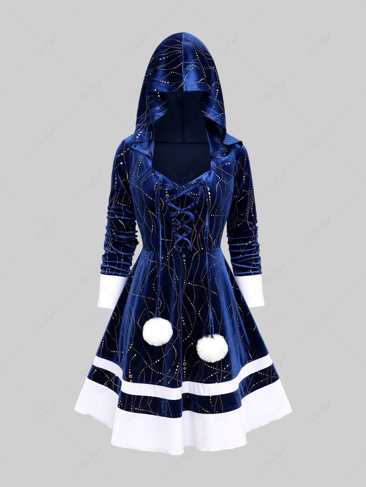 Hot Plus Size Glitter Lace Up Fluffy Ball Velvet A Line Hooded Christmas Patchwork Dress  
