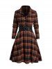 Plaid Print Half Button Belted Long Sleeve Mini Dress -  