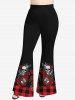 Plus Size 3D Skull Rose Flower Plaid Bird Print Halloween Flare Pants -  