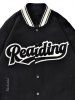 Men's Colorblock READING Letter Embroidered Slant Pocket Stand Collar College Style Baseball Jacket -  