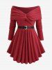Plus Size Twist Ruched Ruffles Buckle Belt Off The Shoulder Turndown Collar Woolen Sweater -  