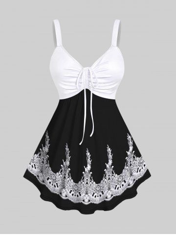 Gothic Floral Lace Panel Print Cinched Tank Top - WHITE - 1X