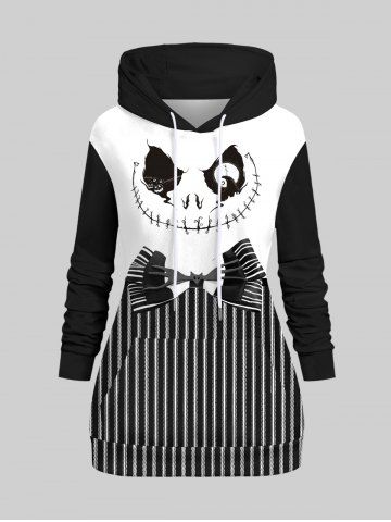 Plus Size Striped Ghost Face Bowknot Print Pocket Drawstring Hoodie