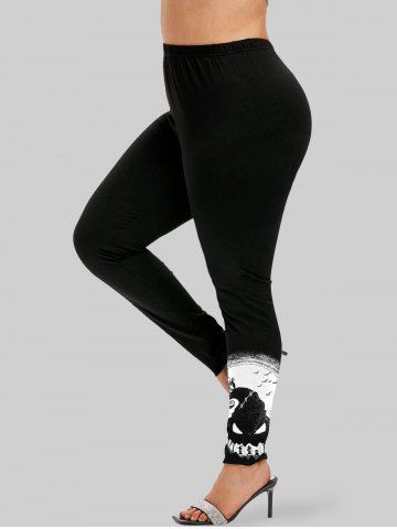 Plus Size Halloween Moon Bat Hat Pumpkin Print Leggings - BLACK - XS