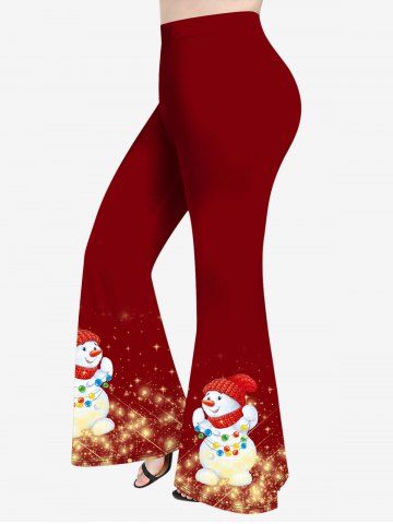 Plus Size Christmas Ball Hat Snowman Glitter Print Flare Pants - RED - XS