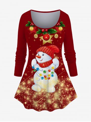 Plus Size Christmas Ball Snowman Star Glitter Print Raglan Sleeves T-shirt - RED - S