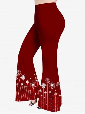 Plus Size Glitter Snowflake Ball Line Print Christmas Flare Pants - DEEP RED - S