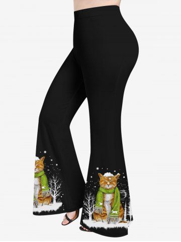 Plus Size Christmas Snowflake Tree Scarf Cat Print Flare Pants