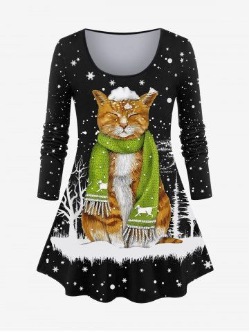 Plus Size Christmas Snowflake Tree Scarf Cat Print T-shirt - BLACK - S