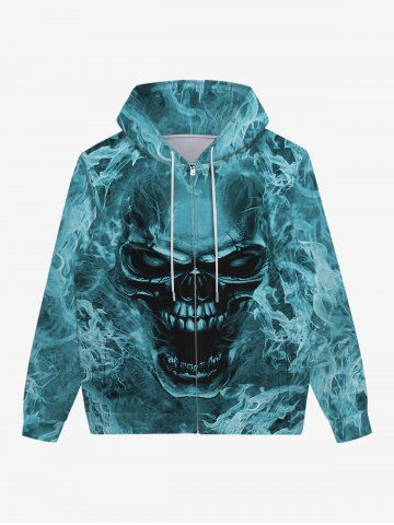 Gothic 3D Skull Waves Print Zipper Pockets Drawstring Hoodie For Men - BLUE - 7XL