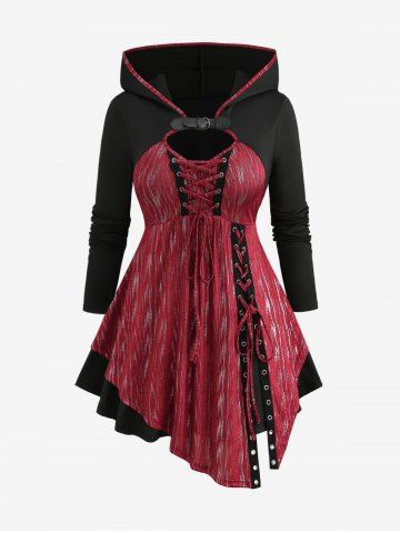 Plus Size Glitter Buckle Grommets Lace Up Asymmetrical Hooded T-shirt - DEEP RED - M | US 10