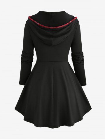 Gothic Plus Size Glitter Buckle Grommets Lace Up Asymmetrical Hooded T-shirt