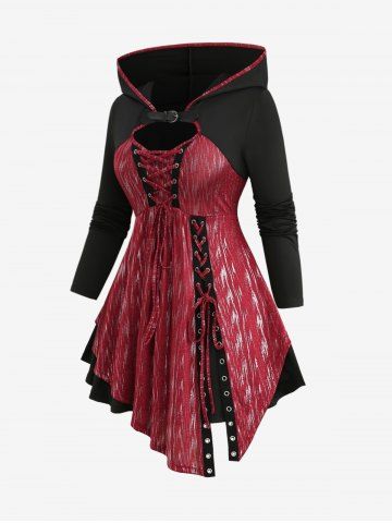 Gothic Plus Size Glitter Buckle Grommets Lace Up Asymmetrical Hooded T-shirt