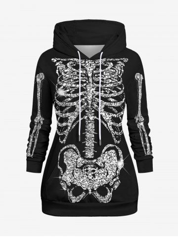 Plus Size Halloween Skeleton Glitter 3D Print Drawstring Hoodie - BLACK - 8XL