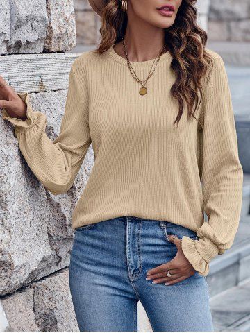 Heathered Simple Knit Ruffle Cuff Long Sleeve Casual Top - LIGHT YELLOW - XL | US 10