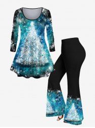 Plus Size Christmas Tree Snowflake Tie Dye Glitter Printed T-shirt and Flare Pants Outfit -  