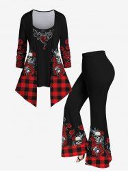 Plus Size 3D Skull Rose Floral Heart Branch Plaid Printed Halloween Patchwork 2 in 1 T-shirt and Flare Pants Outfit -  