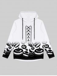 T-shirt D'Halloween Gothique en Blocs de Couleurs Citrouille Imprimée à Lacets à Cordon - Blanc 5XL