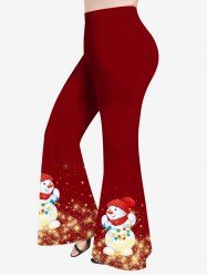Pantalon Evasé Boule de Noël et Bonhomme de Neige Imprimés de Grande Taille à Paillettes - Rouge 6X