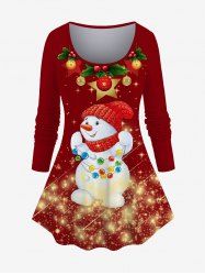 T-shirt Etoile Boule de Noël et Bonhomme de Neige Imprimés de Grande Taille à Paillettes - Rouge 4X