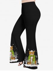 Plus Size Christmas Snowflake Tree Scarf Cat Print Flare Pants -  