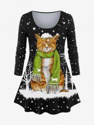 Plus Size Christmas Snowflake Tree Scarf Cat Print T-shirt - Noir 5X