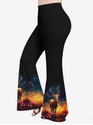 Plus Size Christmas Elk Flower Glitter Print Flare Pants -  