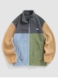 Fleece Fluffy Colorblock Stand Collar Zip Up Pocket Applique Design Jacket -  