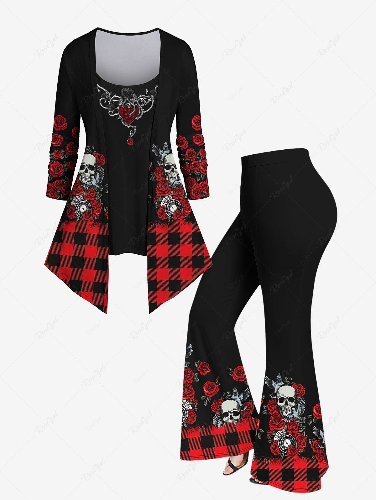 Store Plus Size 3D Skull Rose Floral Heart Branch Plaid Printed Halloween Patchwork 2 in 1 T-shirt and Flare Pants Outfit  