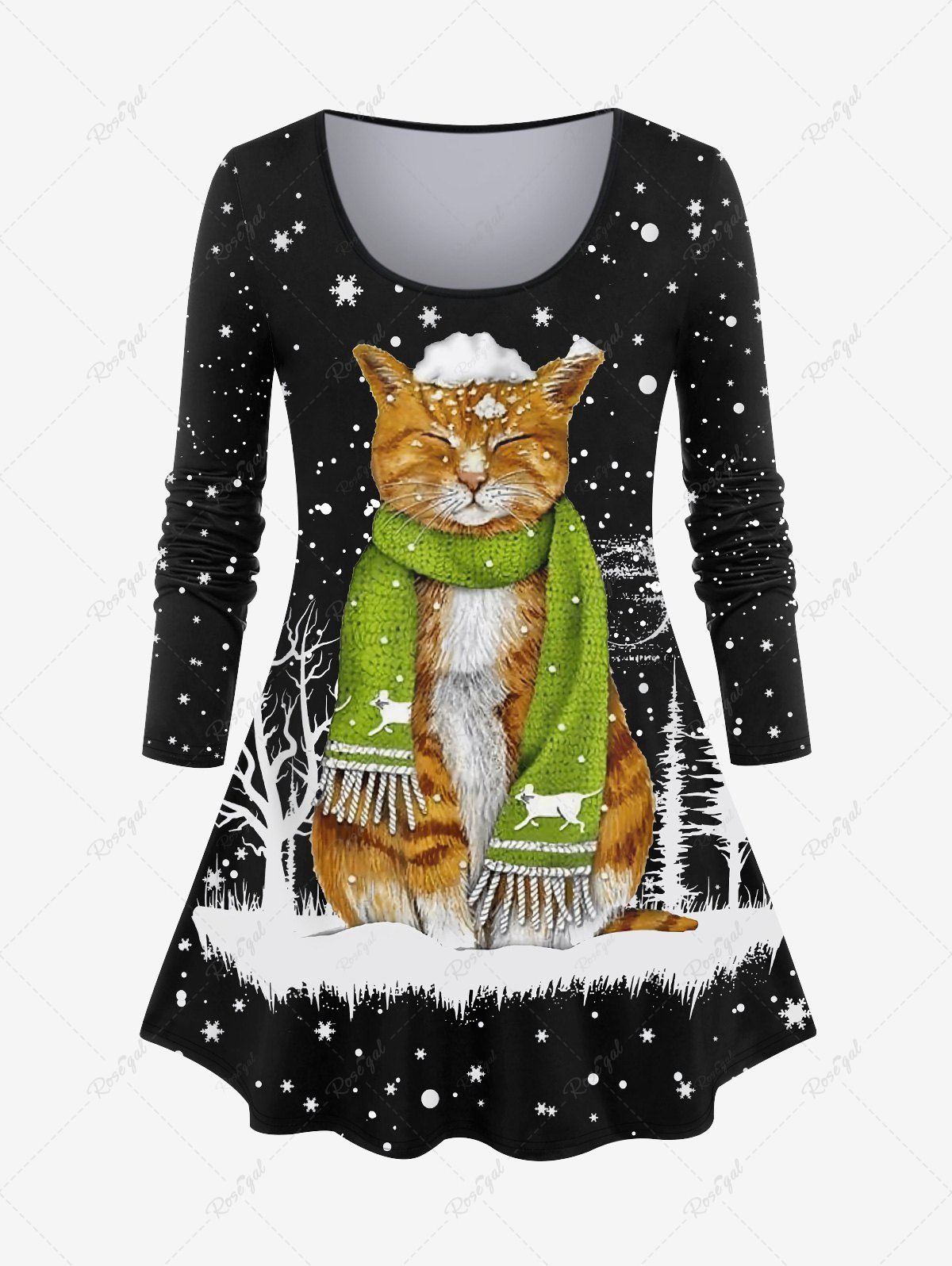 Online Plus Size Christmas Snowflake Tree Scarf Cat Print T-shirt  