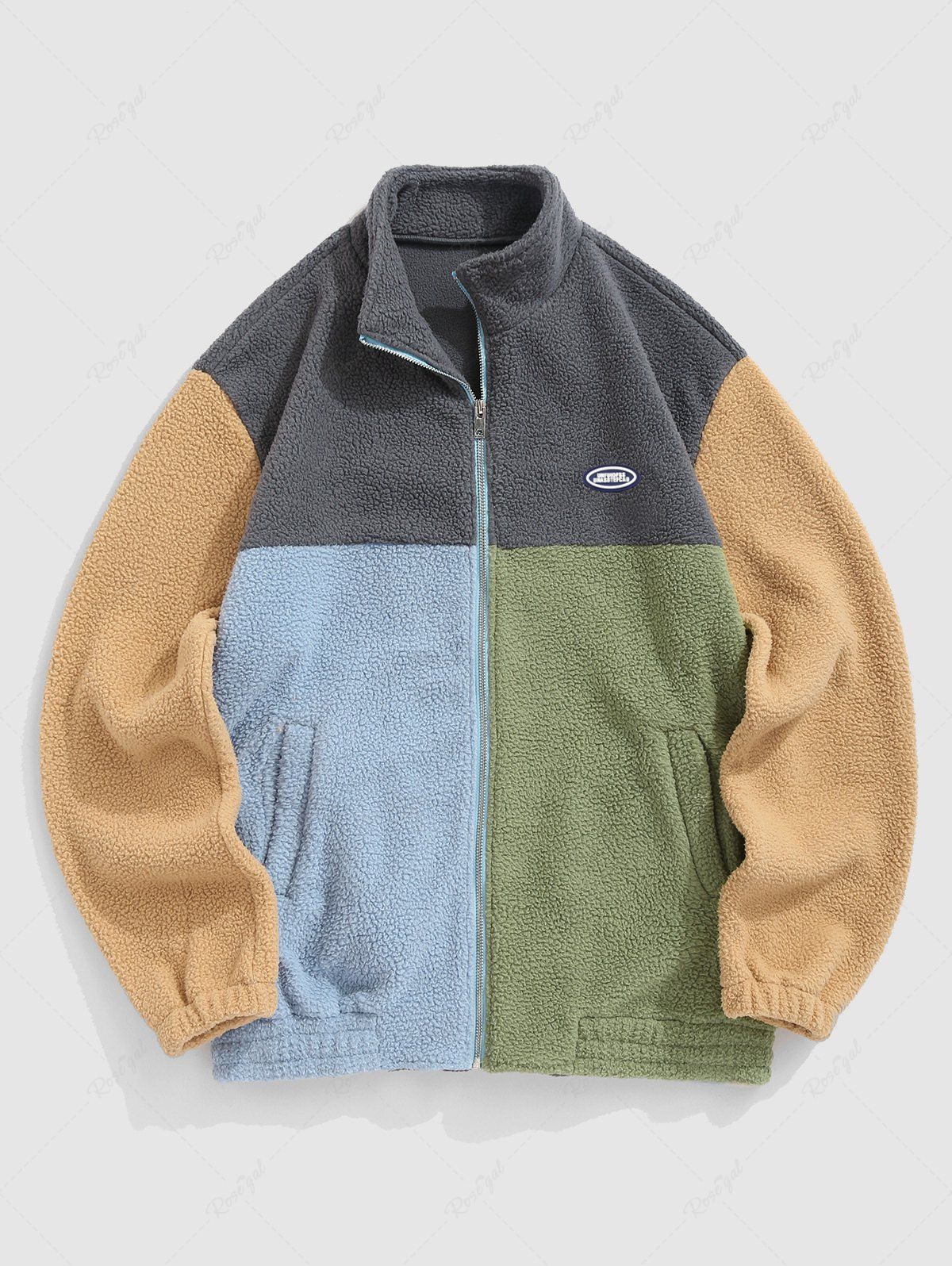 Discount Fleece Fluffy Colorblock Stand Collar Zip Up Pocket Applique Design Jacket  