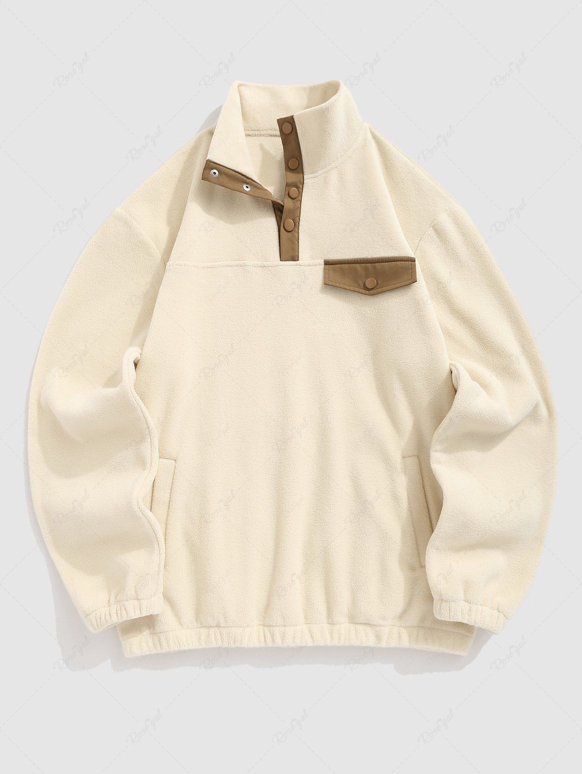 Fancy Men's Casual Colorblock Button Stand Collar Fuzzy Fleece Pullover Sweatshirt  