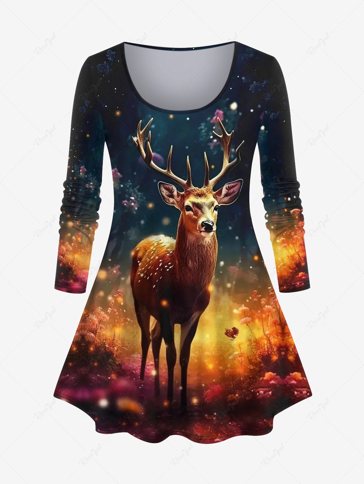Plus Size Christmas Elk Flower Glitter Print T-shirt Orange 5X