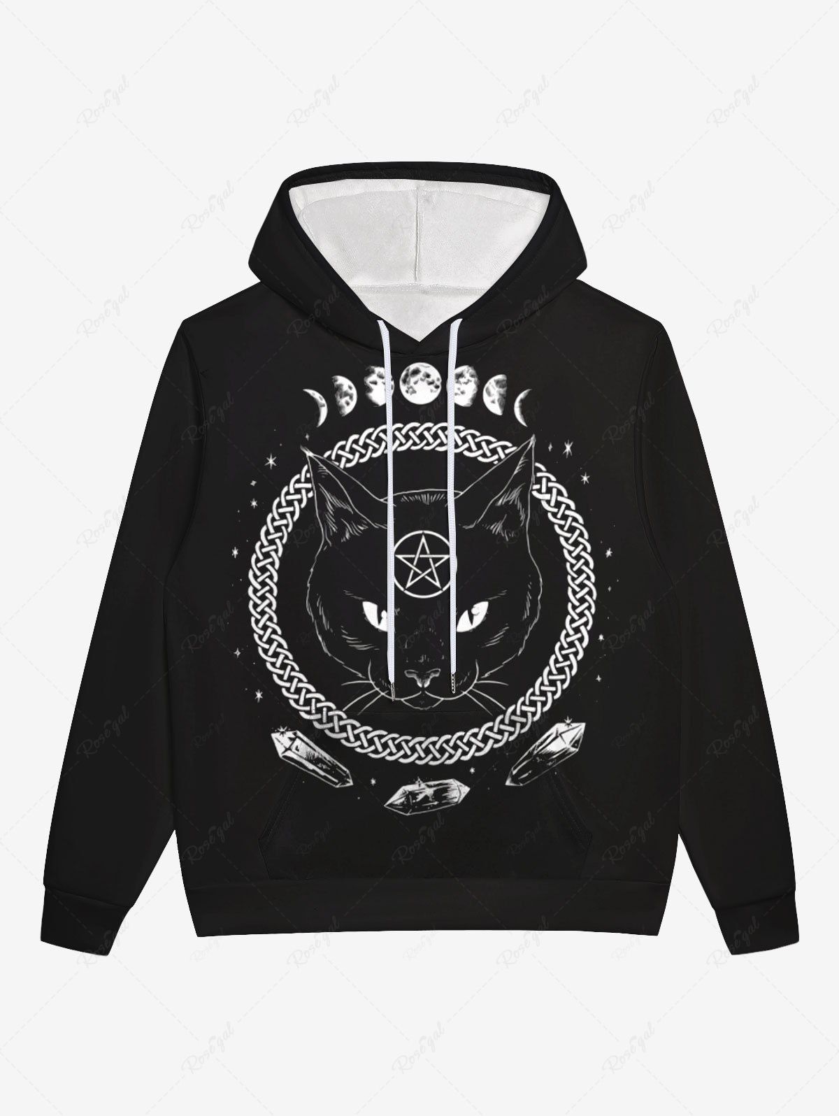 Unique Gothic 3D Cat Moon Braided Star Print Pocket Drawstring Hoodie For Men  
