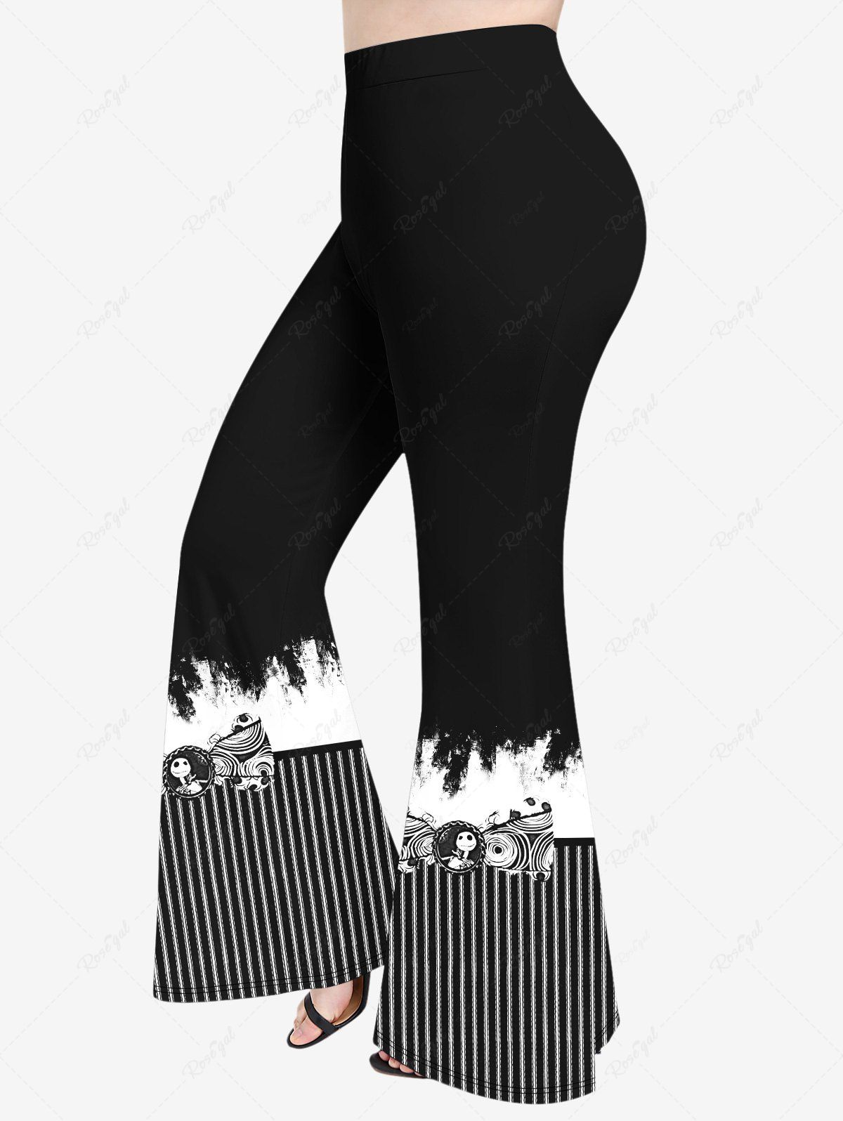 Pantalon Évasé Imprimé Crâne Rayé Grande Taille Noir 6X