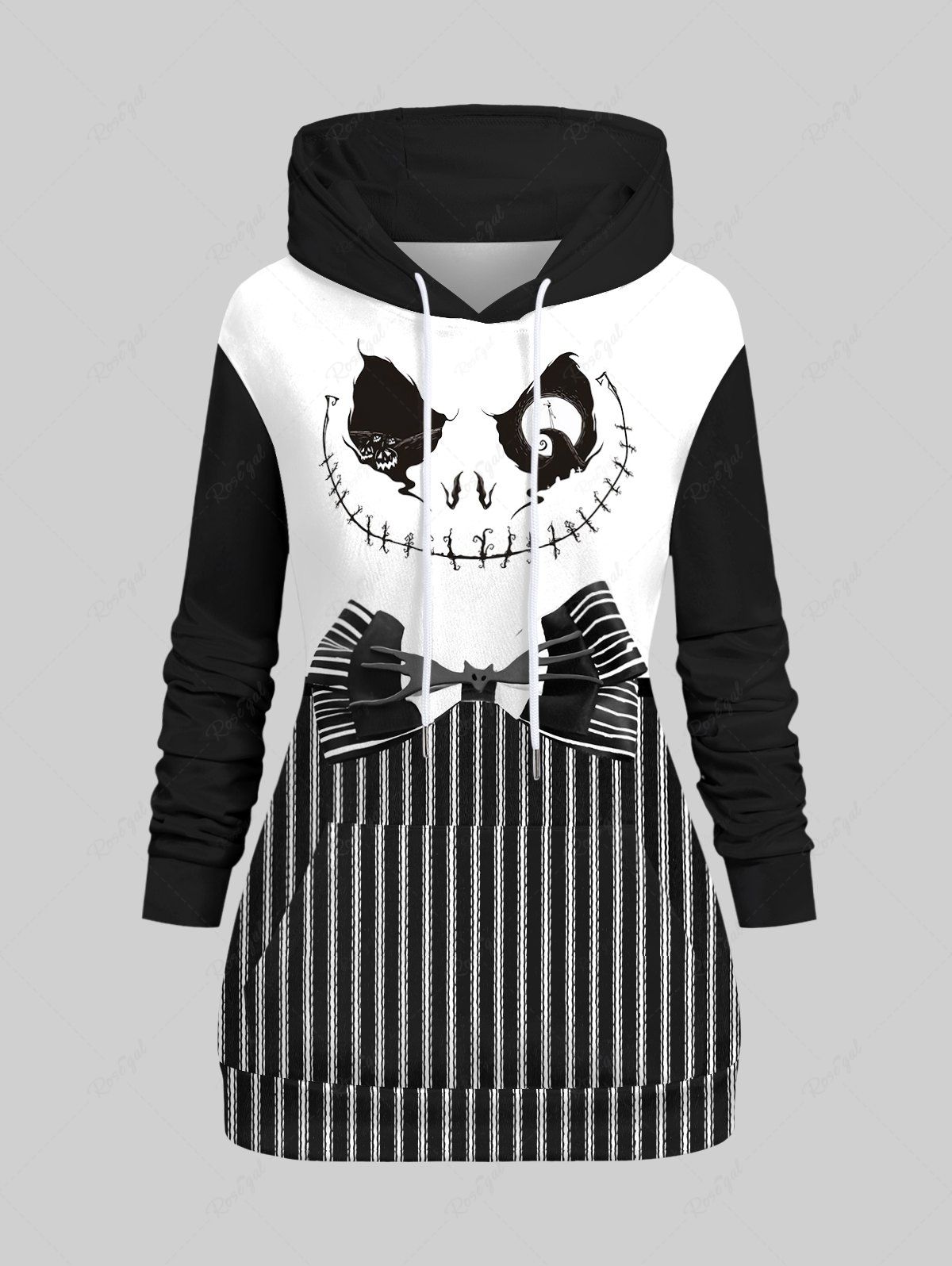 Discount Plus Size Striped Ghost Face Bowknot Print Pocket Drawstring Hoodie  