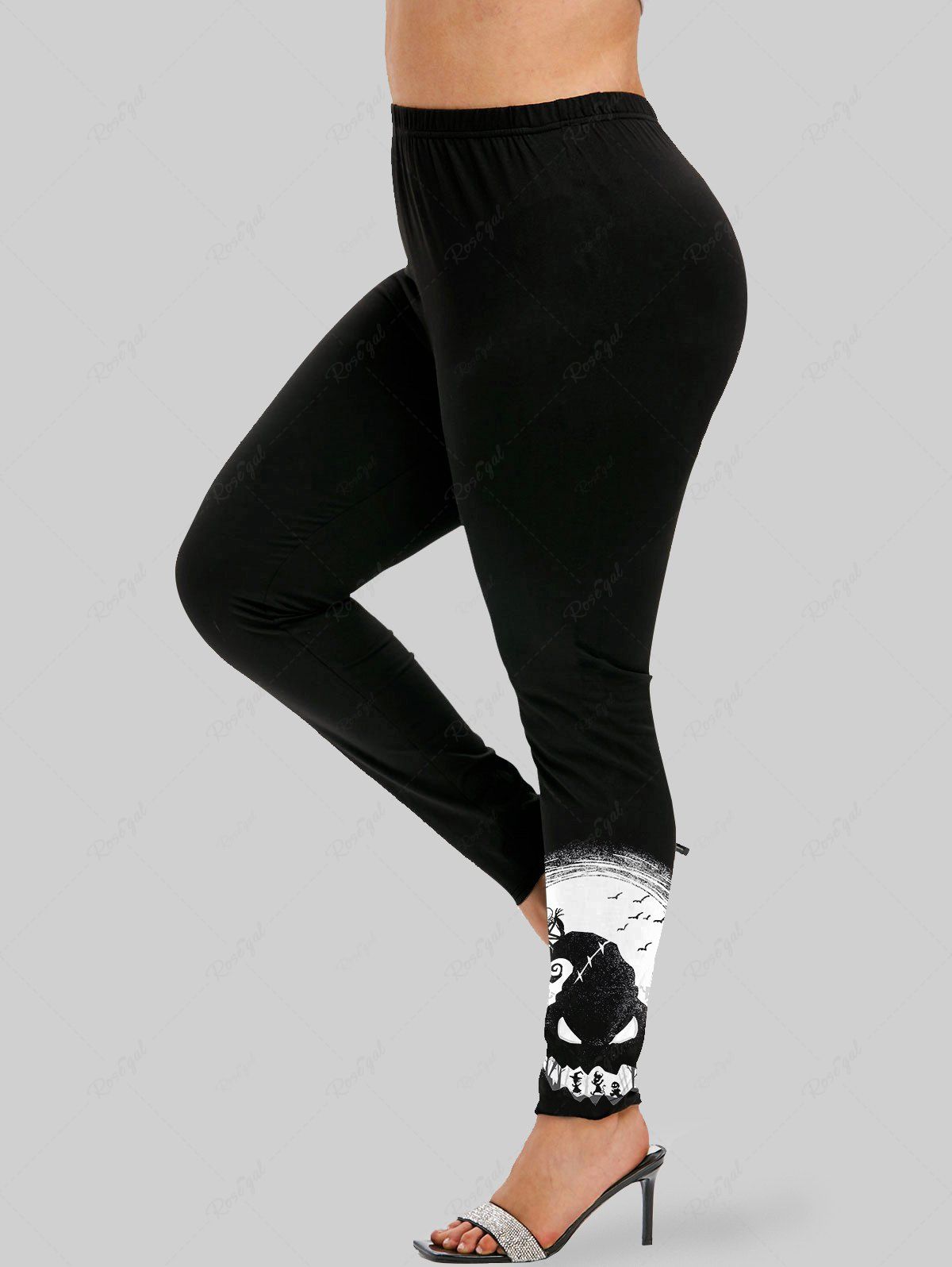 Legging D'Halloween Citrouille Lune et Chauve-souris Imprimés Grande Taille Noir 3X