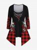 Plus Size 3D Skull Rose Floral Heart Branch Plaid Printed Halloween Patchwork 2 in 1 T-shirt and Flare Pants Outfit -  